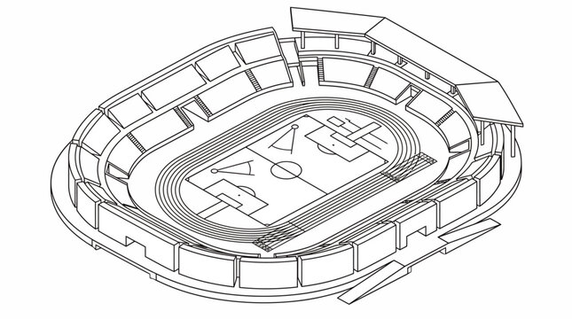 Isometric line drawing of a multipurpose sports stadium blueprint.