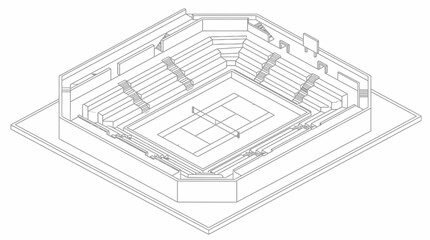 Isometric architectural line drawing of an indoor sports arena seating plan. © Away