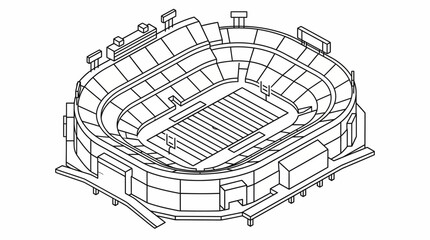 Isometric architectural line drawing of an oval stadium venue. © Away