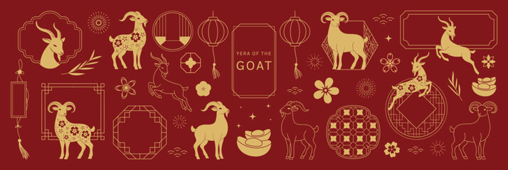 Plakat Happy Chinese New Year 2027 goat vector set. Red and gold zodiac animal collection with ornamental frames, lantern, flowers, firecrackers and festive Chinese decorative elements.
