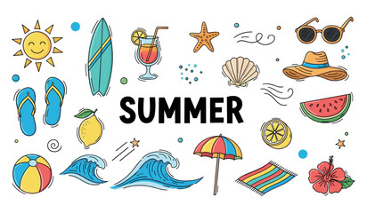 Naklejka premium Summer icons depicting beach items and sunny elements