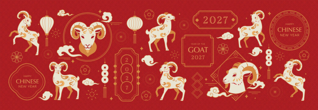 Happy Chinese New Year 2027 goat vector set. Red and gold zodiac animal collection with ornamental frames, lantern, flowers, firecrackers and festive Chinese decorative elements.