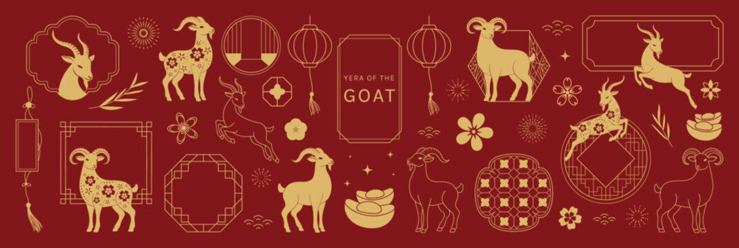 Happy Chinese New Year 2027 goat vector set. Red and gold zodiac animal collection with ornamental frames, lantern, flowers, firecrackers and festive Chinese decorative elements.