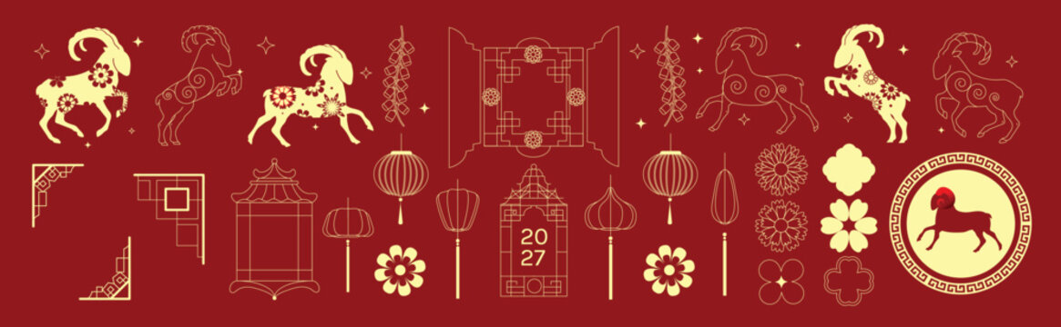 Happy Chinese New Year 2027 goat vector set. Red and gold zodiac animal collection with ornamental frames, lantern, flowers, firecrackers and festive Chinese decorative elements.