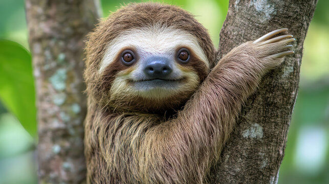 Cute three-toed sloth climbing on a tree branch in the tropical rainforest, looking at camera.
