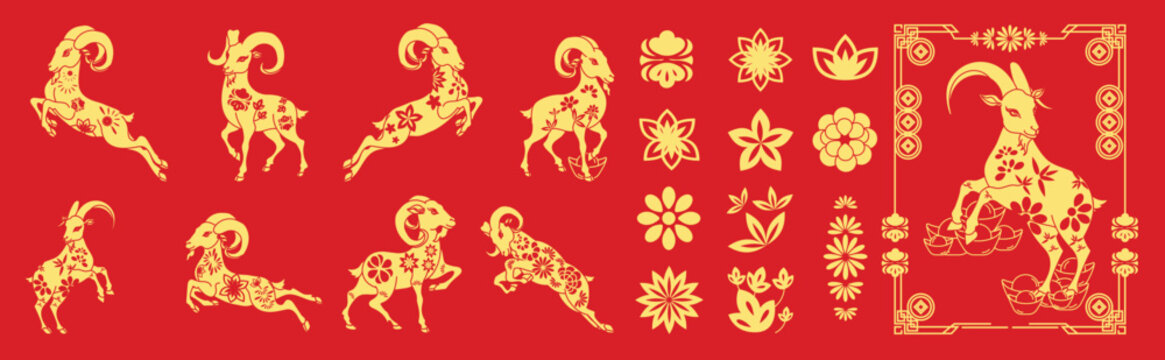 Happy Chinese New Year 2027 goat vector set. Red and gold zodiac animal collection with ornamental frames, lantern, flowers, firecrackers and festive Chinese decorative elements.
