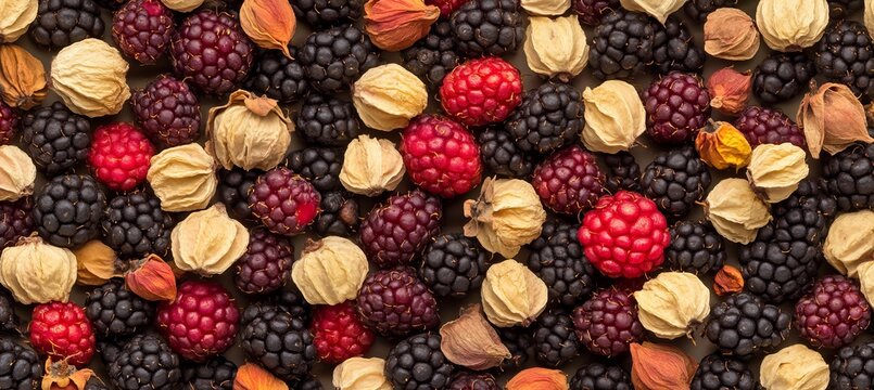 A Beautiful Flat Lay Display of Dried Berries and Seeds Showcasing Nature s Bounty in Soft Lighting