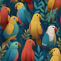 A vibrant seamless pattern featuring various colorful parrots perched amidst lush green foliage © AS_SleepingPanda
