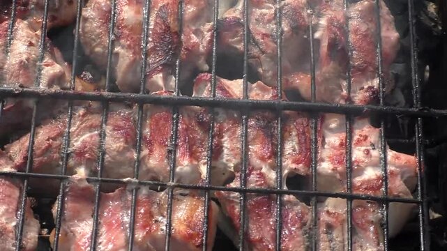 Meat is fried in a grill. The barbecue is large-scale, sizzles, roasts and cooks.