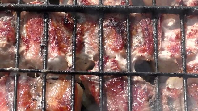 Meat is fried in a grill. The barbecue is large-scale, sizzles, roasts and cooks.