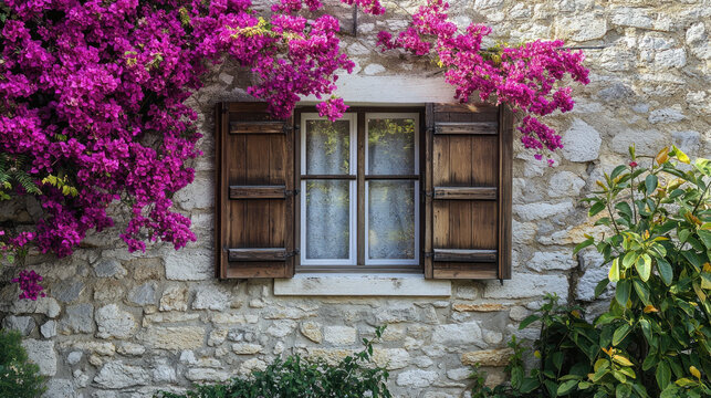 Rustic wooden window on an old stone wall decorated with vibrant pink bougainvillea flowers.