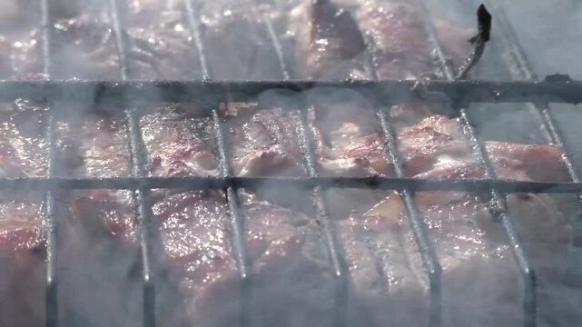 Meat is fried in a grill. The barbecue is large-scale, sizzles, roasts and cooks.