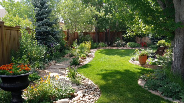 Beautiful green lawn in a well-maintained backyard with stone path and garden borders.