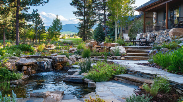 Luxury backyard landscaping with natural rock waterfall, stone pathway, and lush green plants.