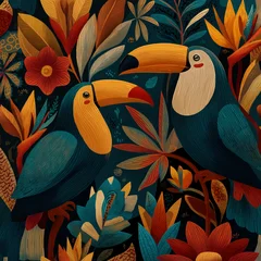 Two toucans are shown surrounded by lush tropical foliage and vibrant flowers in a richly colored pattern © AS_SleepingPanda