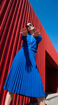 A woman in a blue pleated dress against a red wall