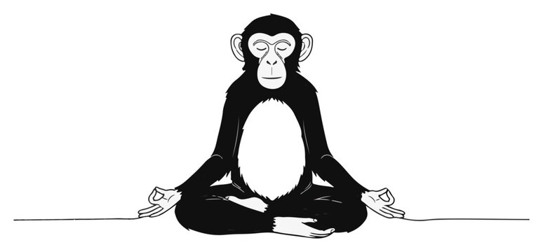 Single continuous line drawing of a funny chimpanzee meditating in a yoga lotus pose Animal mindfulness and zen relaxation concept Minimalist vector illustration
