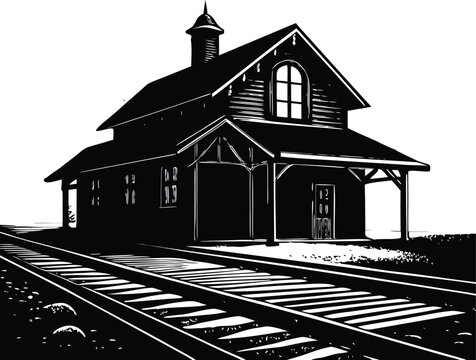 Vintage train station, old railway building, black and white illustration, vector graphic