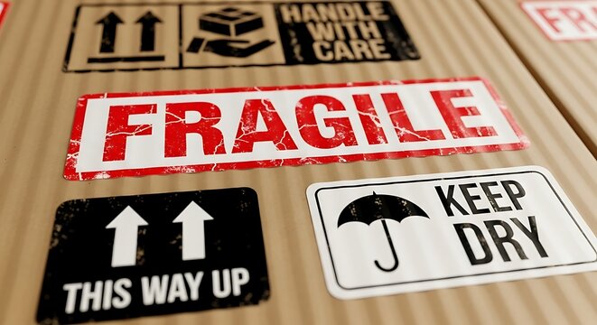Cardboard Box with Fragile and Handling Instructions for Shipping and Delivery.