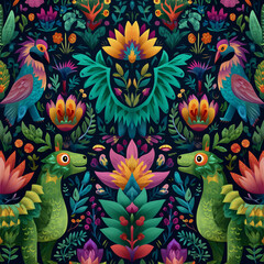 Fototapeta premium A symmetrical pattern features vibrant flowers and mythical creatures including colorful birds and green dragons set against a dark background