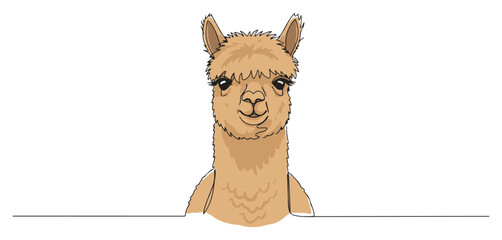 Naklejka premium Single continuous line drawing of a cute smiling llama face Adorable farm animal character or mascot concept Minimalist vector illustration