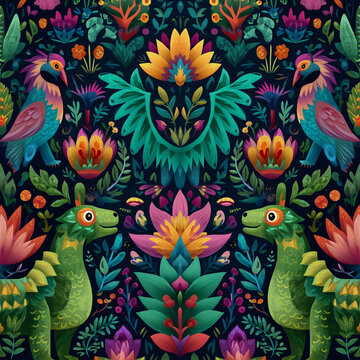 A symmetrical pattern features vibrant flowers and mythical creatures including colorful birds and green dragons set against a dark background