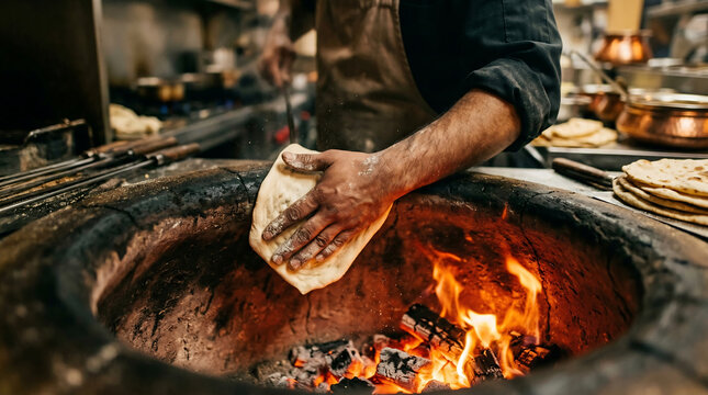 Traditional tandoor bread making with chef slapping fresh naan dough into a clay oven, naan bread, fire cooking, clay oven