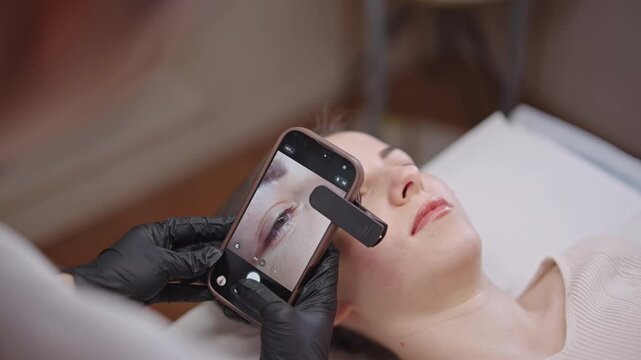 Beautician photographing eyelash lamination results with smartphone