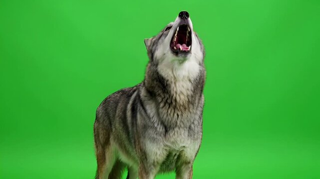 Majestic Gray Wolf Howling on Green Screen Captivating Wildlife Footage.