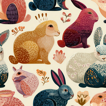 A whimsical seamless pattern featuring various stylized rabbits in different colors and poses, surrounded by floral elements