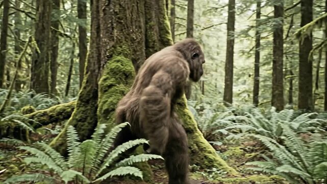 Sasquatch walking through dense temperate rainforest. Bigfoot exploring forest wilderness. Cryptid creature in nature background. Mythical animal legend. Mysterious primate wild habitat.