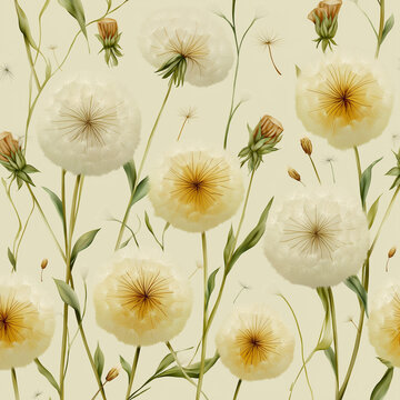 A watercolor pattern features fluffy white dandelion seed heads with yellow centers and green stems against a soft beige background