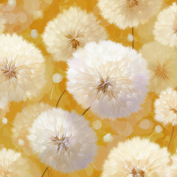 Fluffy dandelion seed heads bloom against a soft yellow watercolor background