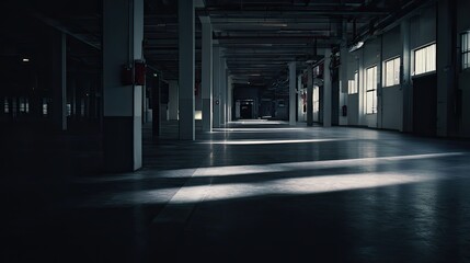 Fototapeta premium Empty industrial warehouse interior with long concrete floor and rows of sturdy columns, sunlight streaming through high windows to cast dramatic shadows and deep perspective