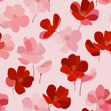 Delicate red and pink flowers bloom on a soft pink background, creating a seamless floral pattern