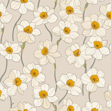 A repeating pattern of white daffodils with yellow centers on a light neutral background