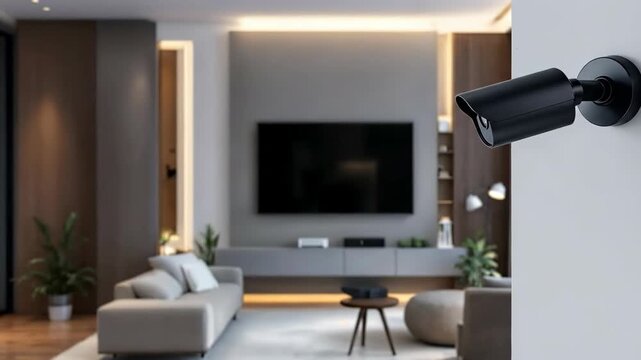 Modern security camera installed in a sleek living room with entertainment center.