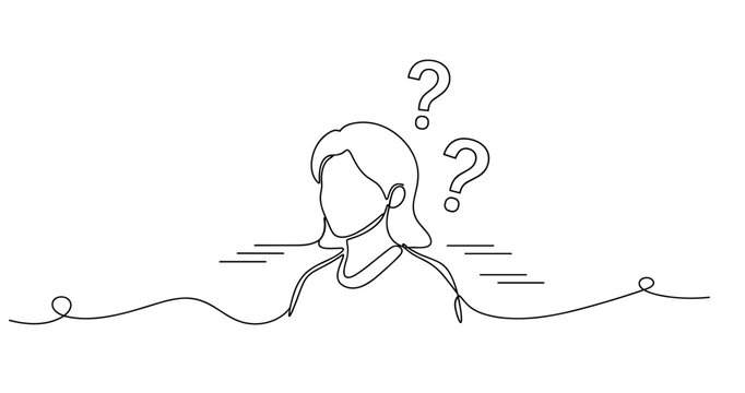 Abstract line art of a puzzled female figure with question marks. None editable stroke