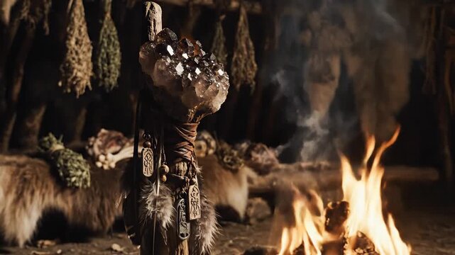 Shamanic crystal staff with herbs and fire