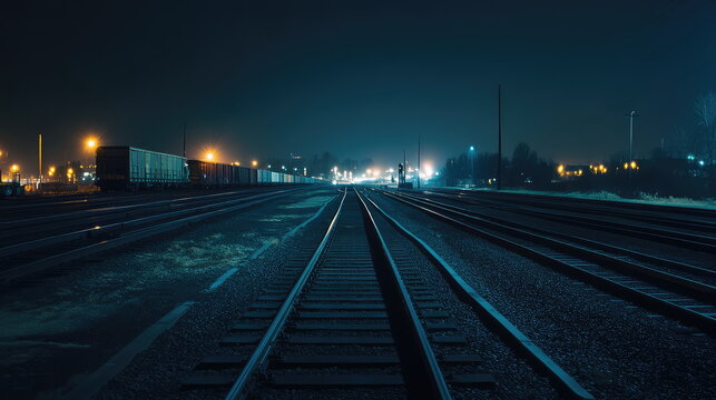 Industrial freight trains on parallel tracks in a moody urban rail yard, glowing streetlights casting blue light on steel cars and gravel under a late night sky