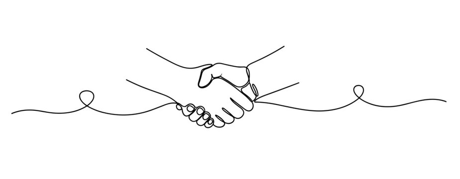 Continuous line drawing of handshake symbolizing unity and cooperation. No editable stroke