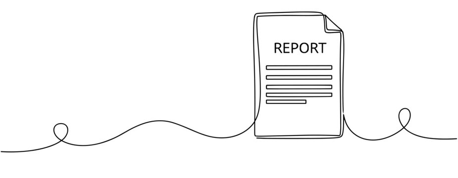 Minimalist outline drawing of a report document with a continuous line design. No editable stroke