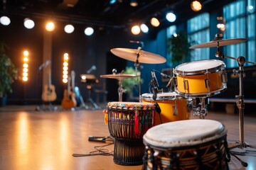 Fototapeta premium Vibrant International Festival Displaying Various Musical Instruments in a Bright Environment