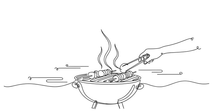 Line art bbq: female hand grilling skewers with tongs. None editable stroke