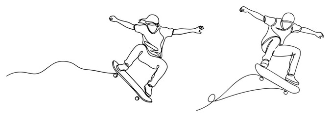 Single continuous line drawing of two young skateboarders performing tricks Urban street sport with skaters in action Extreme sport concept Minimalist vector illustration © Wieslaw