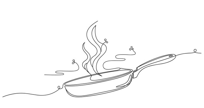 Continuous line drawing of a steaming frying pan. None editable stroke