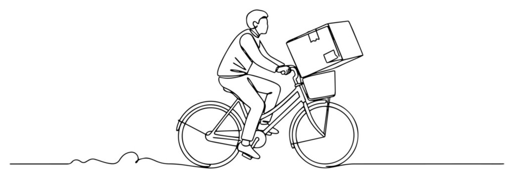 Single continuous line drawing of a courier delivering a package on a bicycle Bike delivery service concept for food or goods shipping Minimalist vector illustration