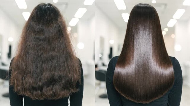 Hair before and after keratin treatment concept. Comparison of dry damaged frizzy hair with smooth shiny healthy straight hair. Woman back view in beauty salon