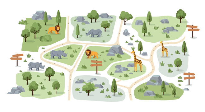 Cartoon zoo map with wild animals and walking paths, safari park layout with lions and giraffes, flat vector illustration for children education