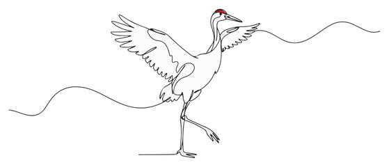 Naklejka premium Single continuous line drawing of an elegant dancing crane Japanese red-crowned crane symbol of luck Minimalist vector illustration